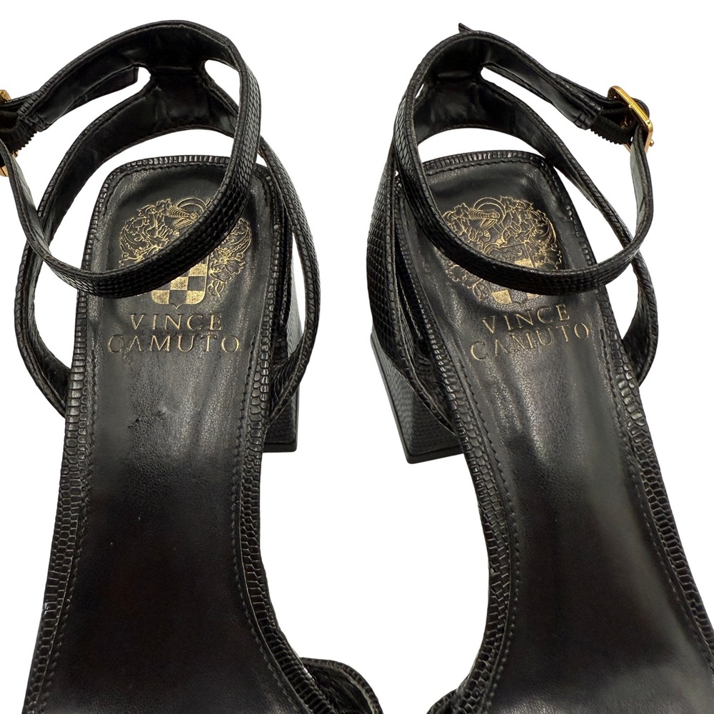 Vince‎ Camuto Block Heel Sandals Black Glossy Lizared Embossed  Size 8 - Picture 2 of 10